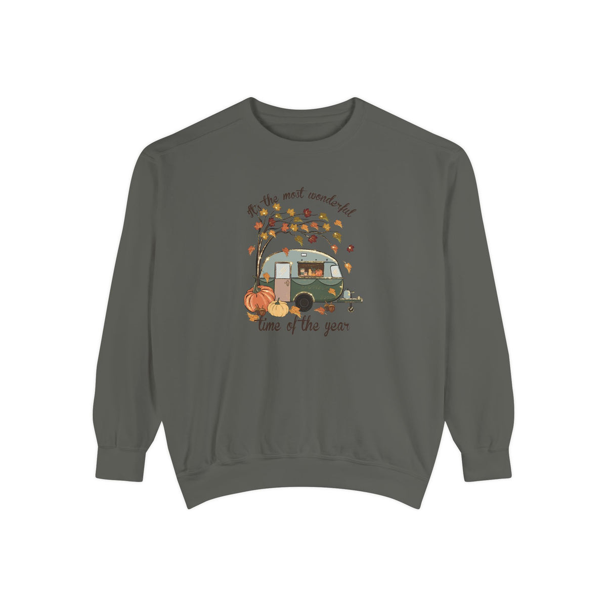 Fall Camper Crewneck with Autumn Cabin Illustration