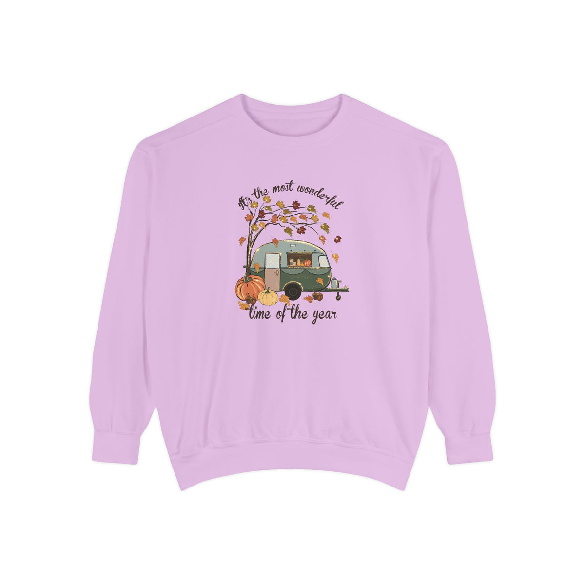 Fall Camper Crewneck with Autumn Cabin Illustration