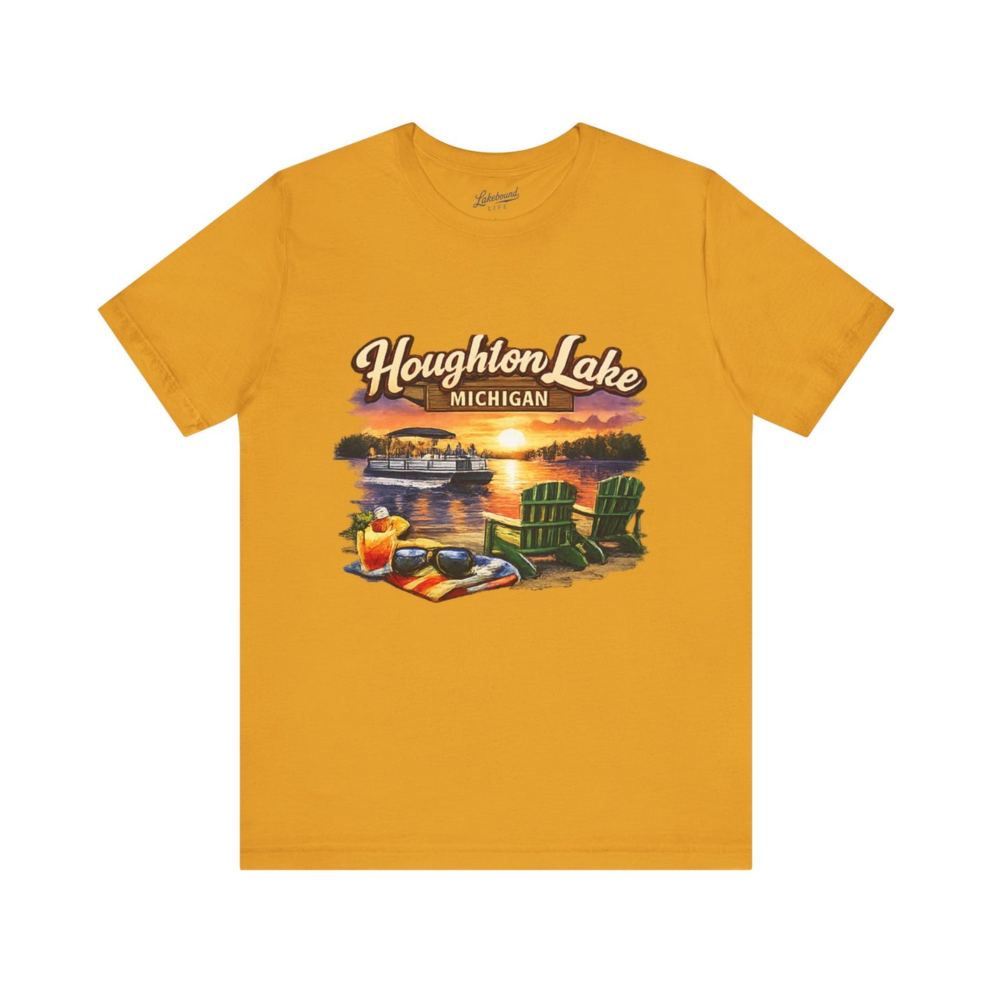 Houghton Lake Michigan Sunset Tee — Lakeside Adirondack Chairs & Dock Graphic T-Shirt