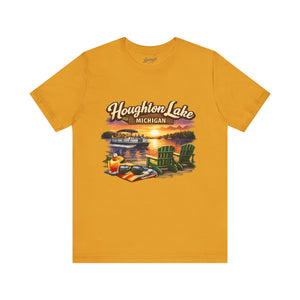 Houghton Lake Sunset Tee: Adirondack Chairs & Dock Graphic