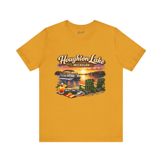 Houghton Lake Michigan Sunset Tee — Lakeside Adirondack Chairs & Dock Graphic T-Shirt