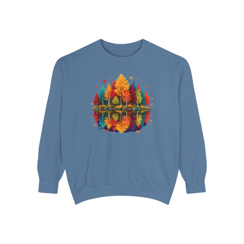 Autumn Lake Reflection Crewneck with Fall Tree Scene