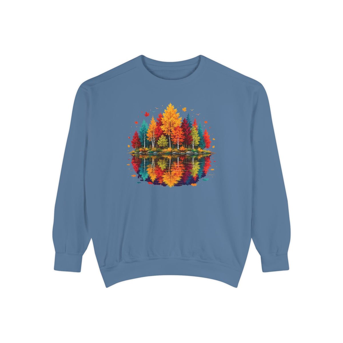 Autumn Lake Reflection Crewneck with Fall Tree Scene