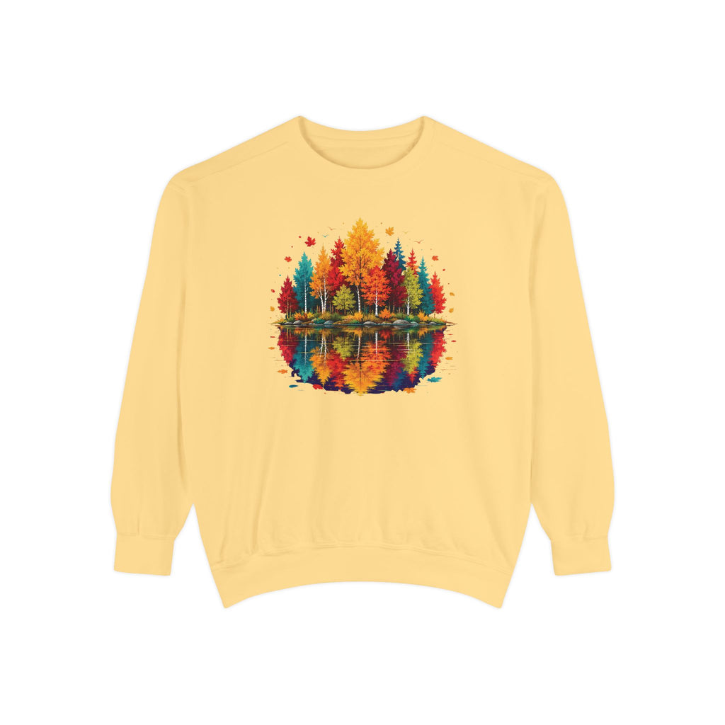 Autumn Lake Reflection Crewneck with Fall Tree Scene