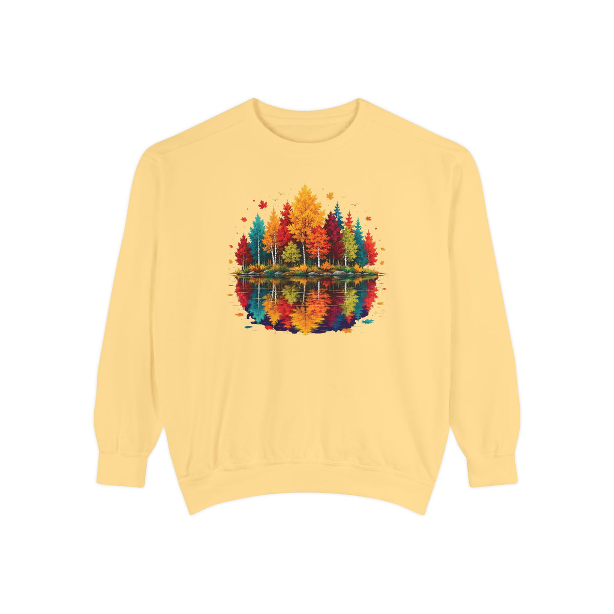 Autumn Lake Reflection Crewneck with Fall Tree Scene