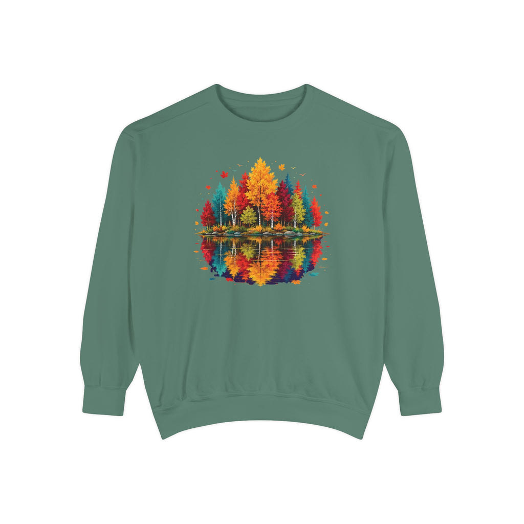 Autumn Lake Reflection Crewneck with Fall Tree Scene