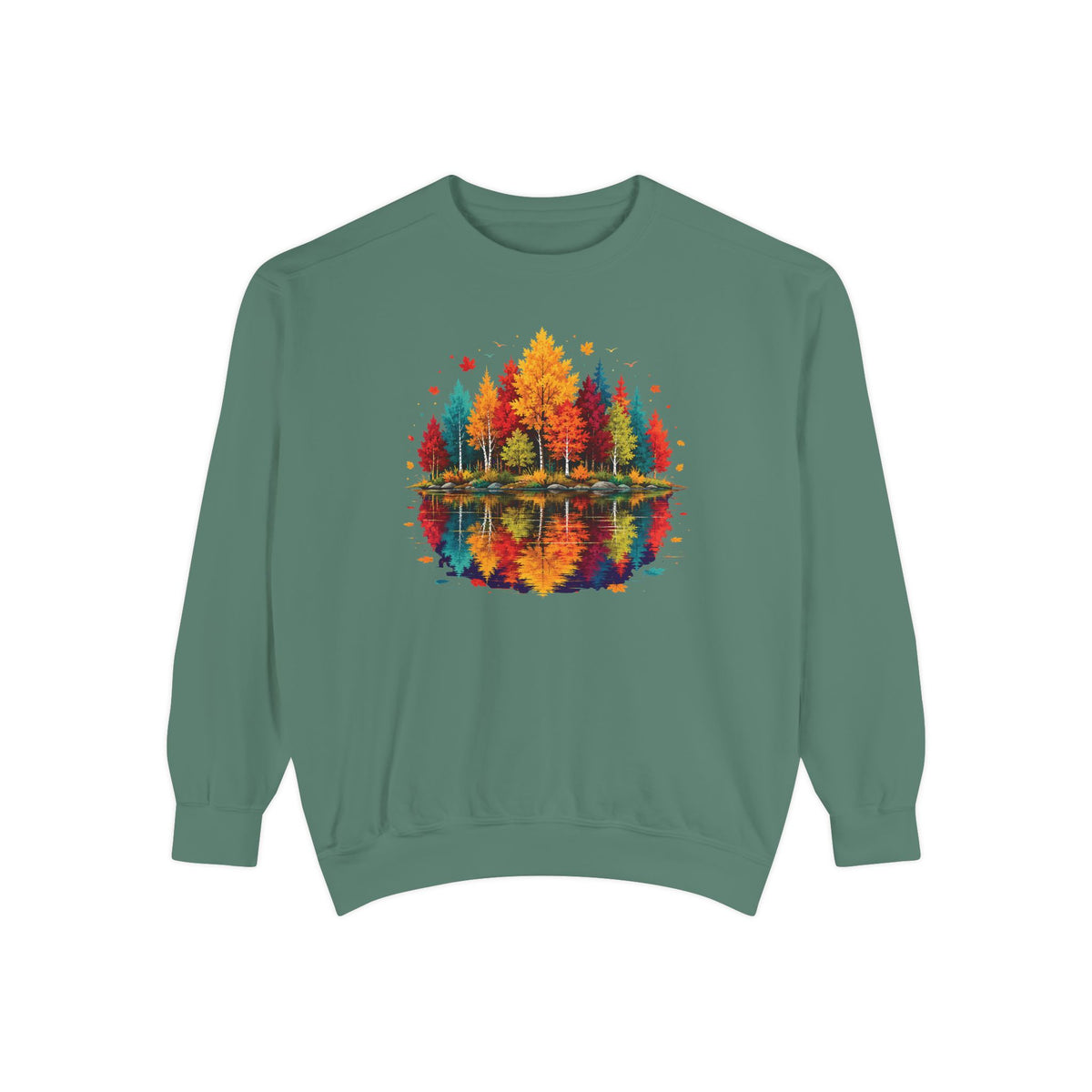 Autumn Lake Reflection Crewneck with Fall Tree Scene