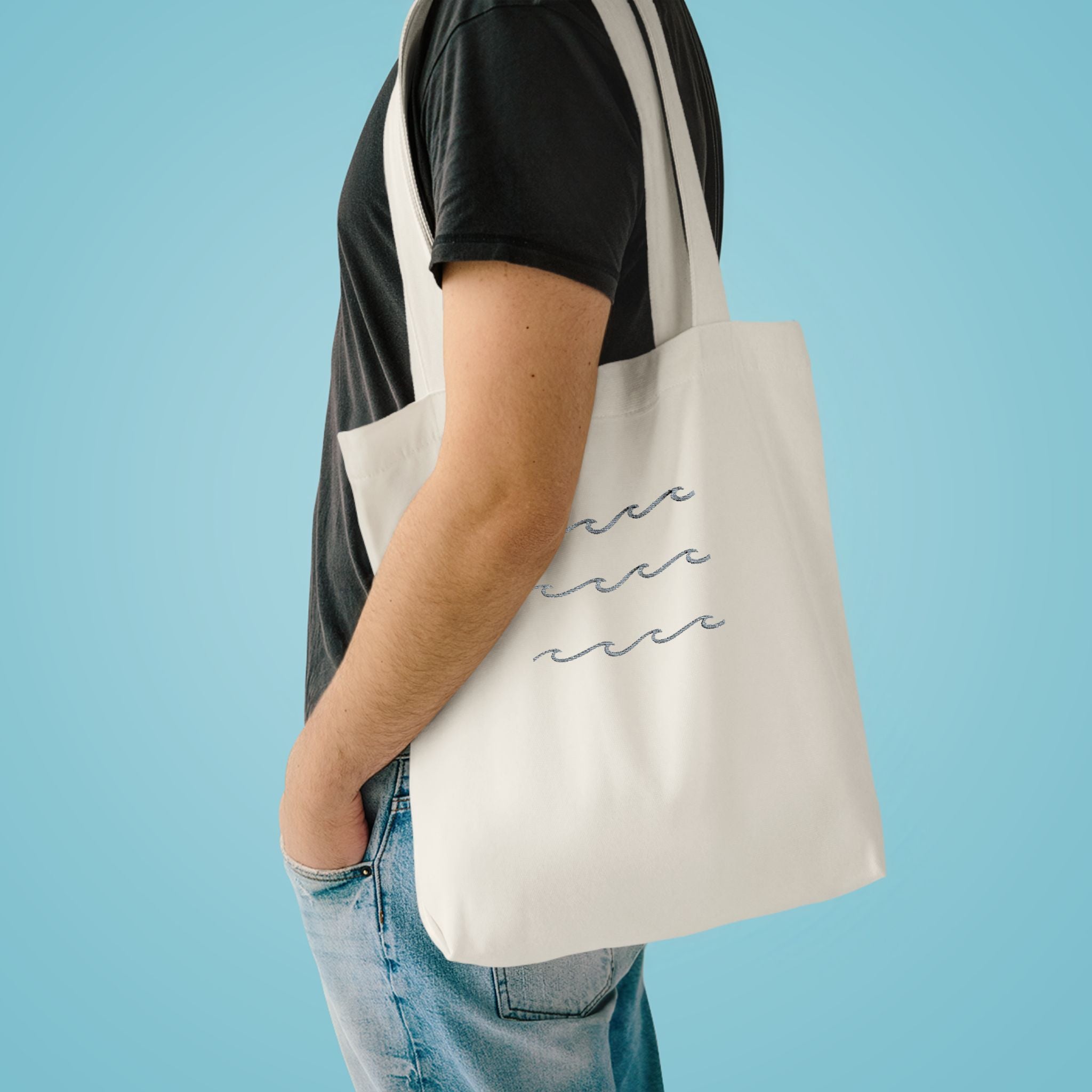 Embroidered Wave Pattern Tote Bag