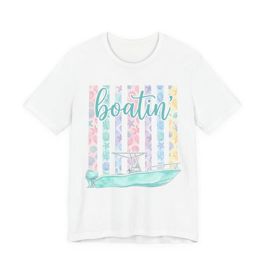 Boatin Boat Graphic Tee - Pastel Stripes Nautical T-Shirt for Boating Lovers