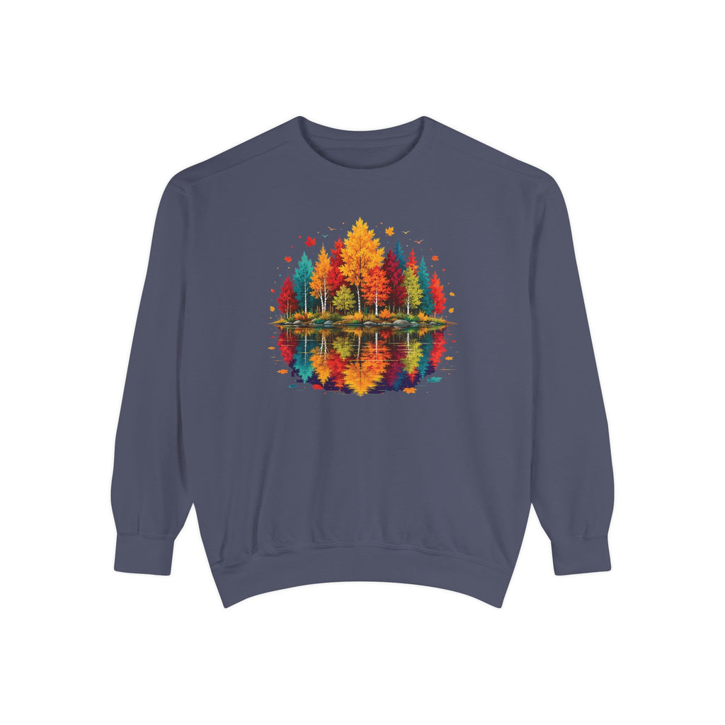 Autumn Lake Reflection Crewneck with Fall Tree Scene