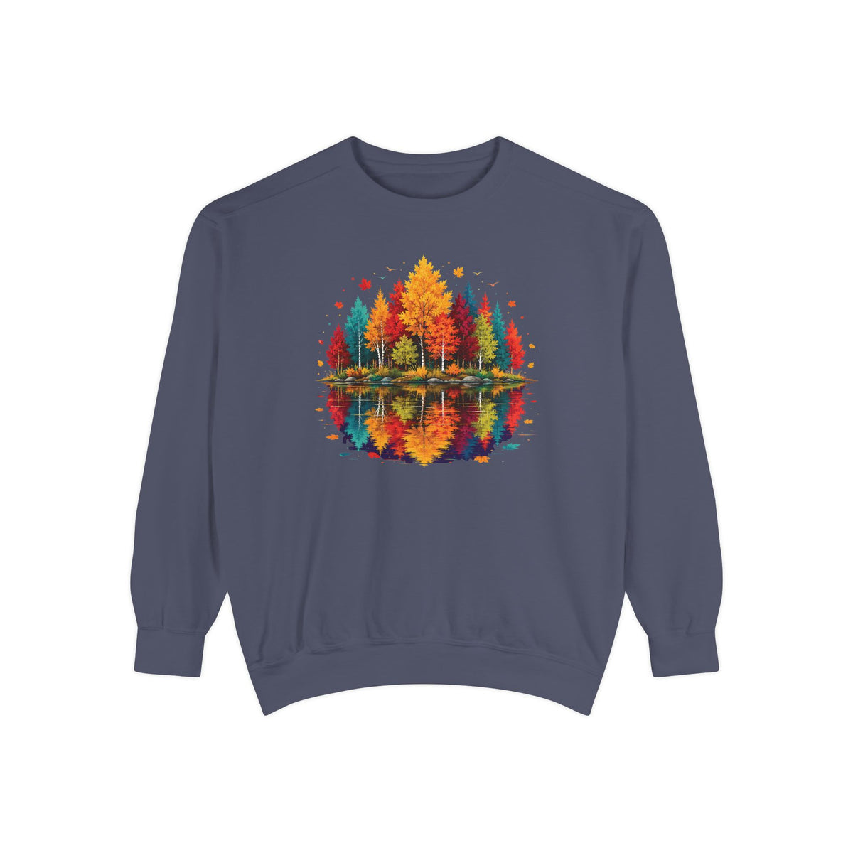 Autumn Lake Reflection Crewneck with Fall Tree Scene