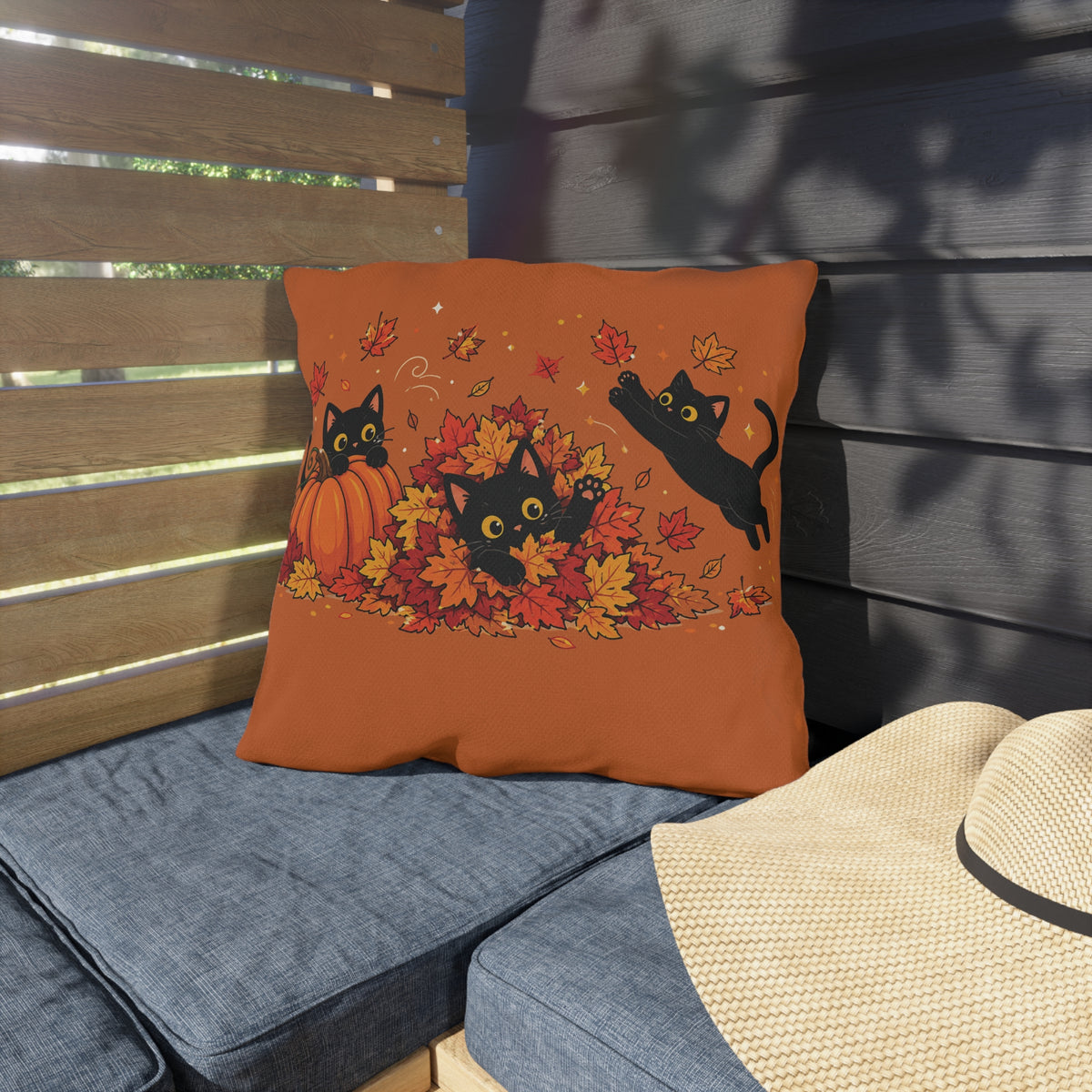 Autumn Black Cat Outdoor Pillow with Pumpkins and Falling Leaves