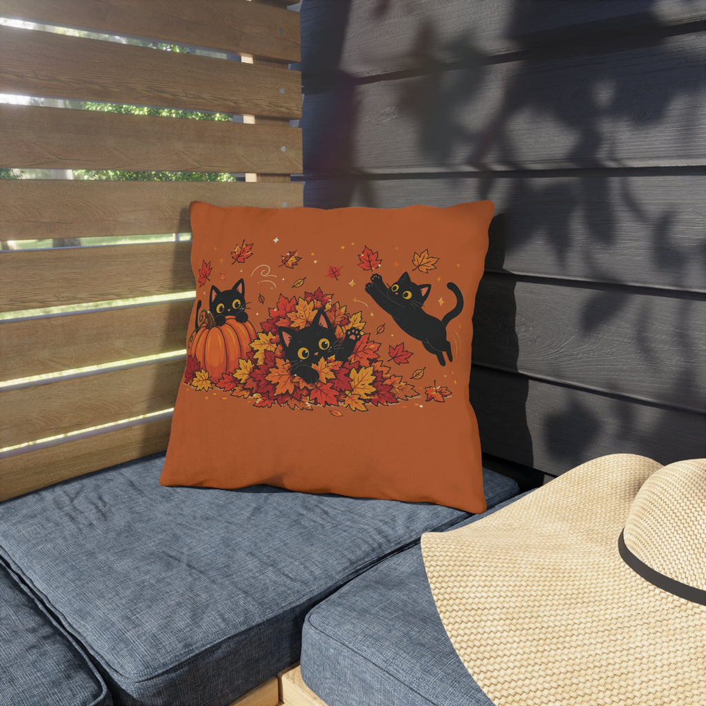 Autumn Black Cat Outdoor Pillow with Pumpkins and Falling Leaves