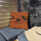 Autumn Black Cat Outdoor Pillow with Pumpkins and Falling Leaves
