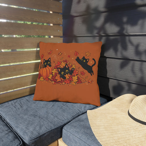 Autumn Black Cat Outdoor Pillow with Pumpkins and Falling Leaves