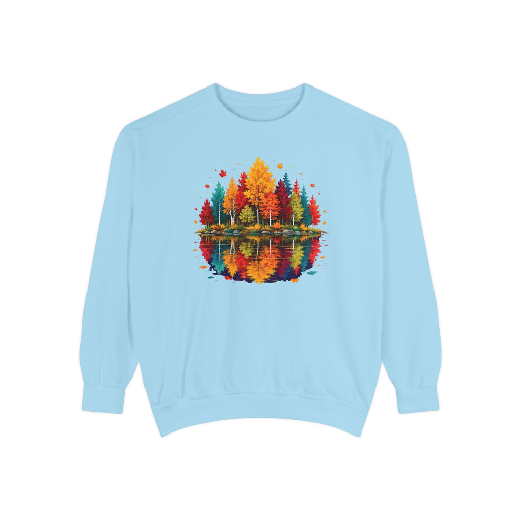 Autumn Lake Reflection Crewneck with Fall Tree Scene