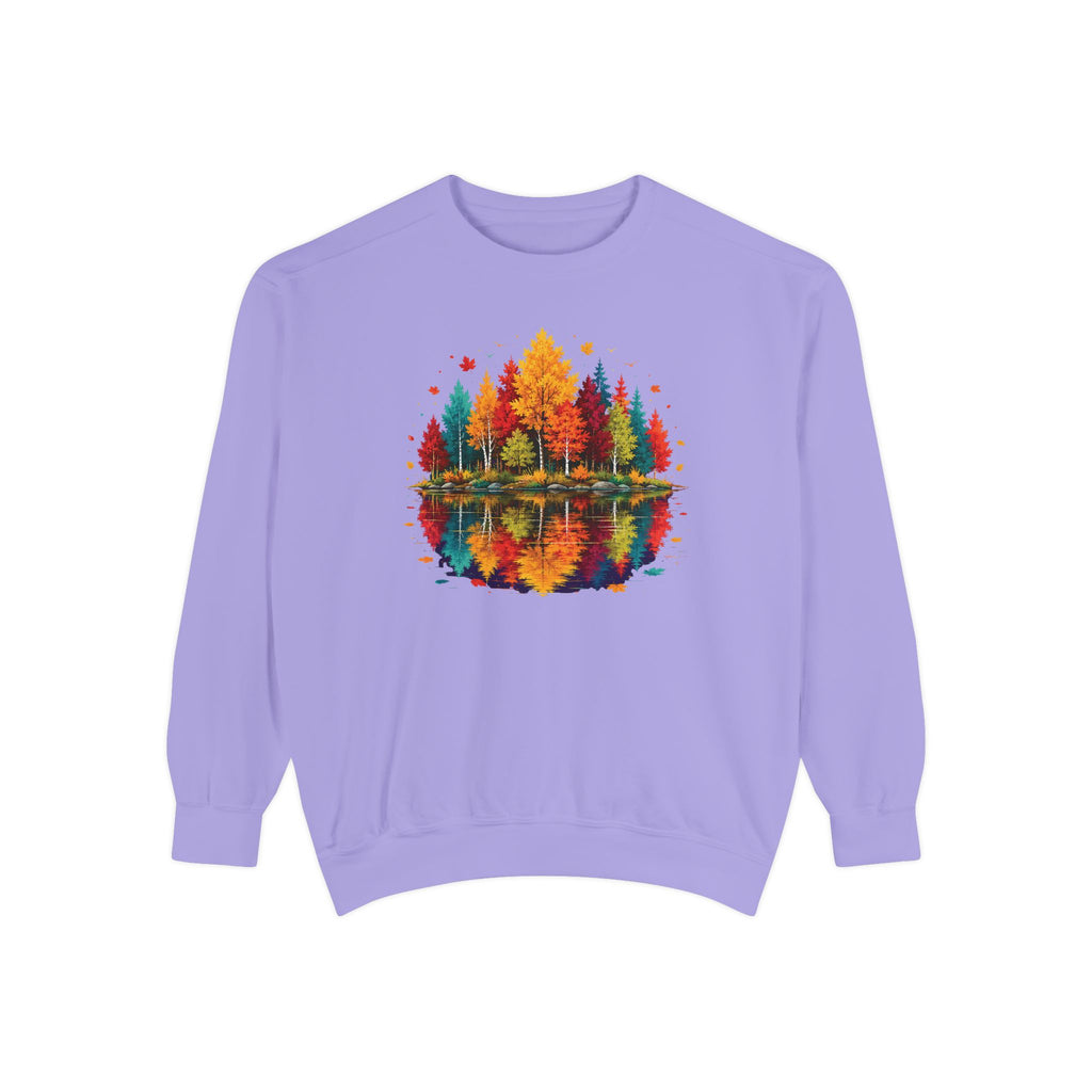 Autumn Lake Reflection Crewneck with Fall Tree Scene