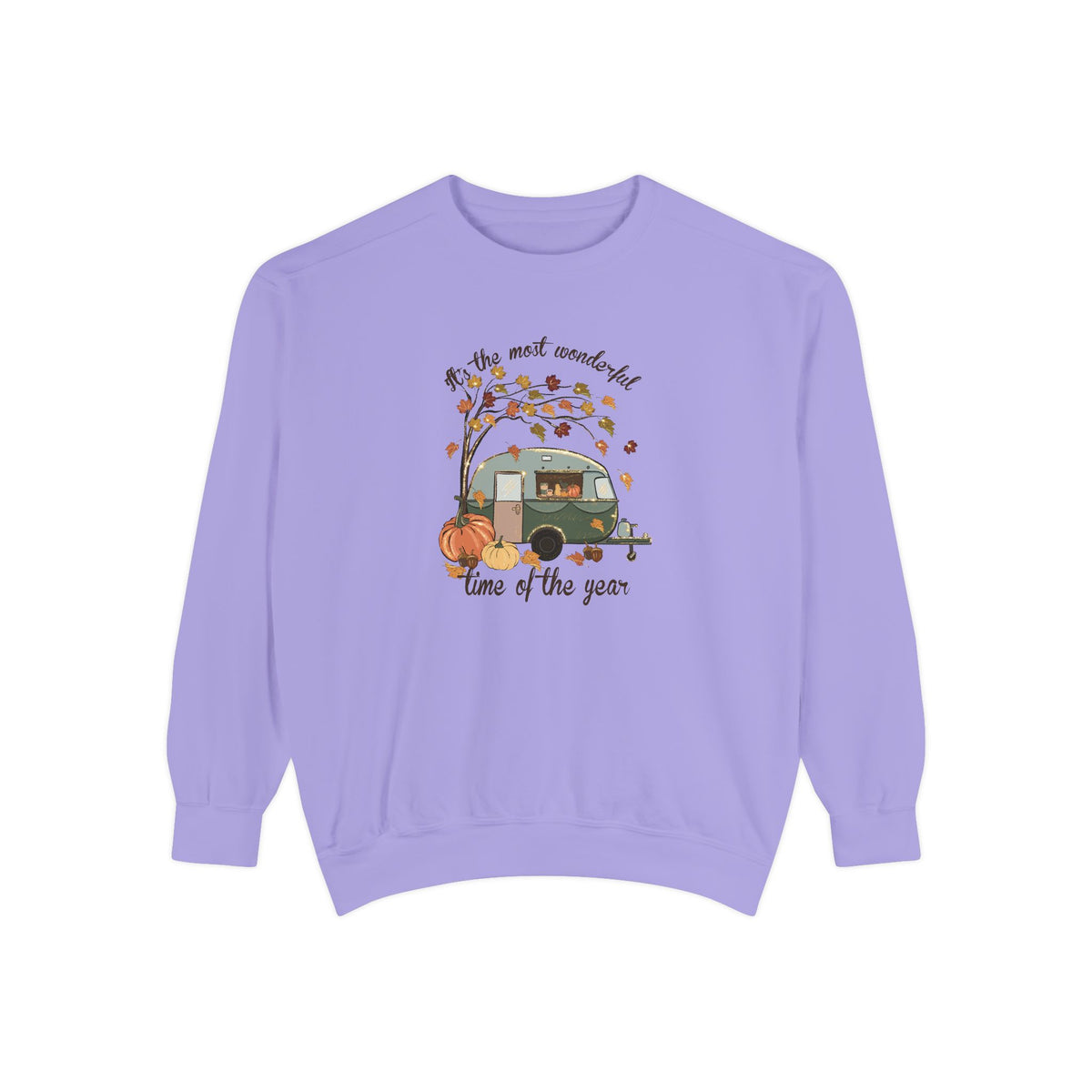 Fall Camper Crewneck with Autumn Cabin Illustration